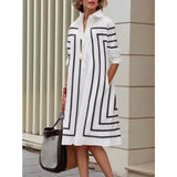 Amozae-Women Autumn Shirt Dress Cotton-Blended Loose Striped H-line Lapel 2024 New Office Ladies Long Sleeve Midi Dresses