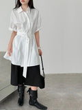 Amozae-Spring Summer Casual Outfits Belt Shirt Dress Women's Summer Buckle Strap Waist Short Sleeved Top