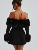 Amozae-new years eve outfits Christmas party outfits Women Black Fluffy Faux Fur Backless Mini Dress Fashion Strapless High A-neck Slim Dresses 2024 New Lady Party Gown Vestidos