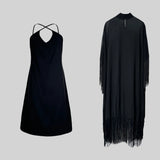 Amozae-Modigirl 2024 New Fashion Batwing Sleeves Loose Female See-Through         Dress Black Tasseled Mock Neck Maxi Dresses For Women