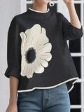 Amozae-Korean Fashion High-Low Flower Printed Mock Neck T-Shirts Spring Summer Black Casual Going Out Tops For Women