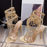 Amozae Elegant Women Wedding Banquet Shoes Fashion Crystal Tassel Twining Stiletto Sandals Sexy Open Toe Stripper Heels Golden