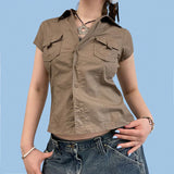 Amozae Women Khaki Safari Shirts with Pocket Casual Short Sleeve Work Tshirt Vintage Street Outfits Button Up Crop Tops