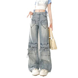 Amozae-Pants Multi-Pocket Love Laces High Waist 2024 Blue Women'S Fashion Harajuku Straight Leg Jeans Baggy Large Size Denim Overalls