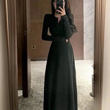 Amozae- Autumn/Winter New A- Line Long Dress Slimming Waist-Fitted Knitted Cotton Snowflake Ribbed Dress For Women