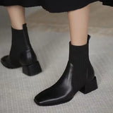 Amozae-2023 Autumn Winter Ankle Socks Shoes Plush Women Boots Size 42 43 Knitted Short Boots Square Toe Retro High Heels Botas De Mujer