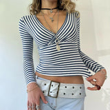 Amozae Y2K Women Striped T-shirt Long Sleeve V-neck Sexy Fashion Vintage Fitted Cropped Top Minimalist Autumn Outfits