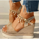 Amozae-2024 New Women Wedge Sandals Summer Bead Studded Detail Platform Sandals Buckle Strap Peep Toe Thick Bottom Casual Shoes Ladies
