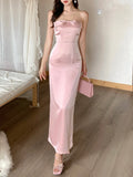 Amozae-Christmas Party Dresses Pink Bow Neckline Patchwork Mesh Vest Dress Long Skirt Satin Light Gown High Waist Slim-Fit Elegant Party Maxi Dresses Female