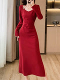 Amozae-Christmas Outfit New Year's Eve Dress party look inspos Vintage Bodycon Women Fashion Black Red Dress Long Sleeve Elegant Slim Party Birthday Dresses Female Clothes Robe Vestidos New