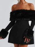 Amozae-new years eve outfits Christmas party outfits Women Black Fluffy Faux Fur Backless Mini Dress Fashion Strapless High A-neck Slim Dresses 2024 New Lady Party Gown Vestidos