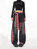 Amozae-American women retro bow tie tied jeans with grid splicing Harajuku Y2k loose casual slimming wide leg pants jeans woman