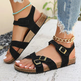 Amozae-Retro Buckle Strap Cork Sandals Women 2025 Summer Cross Strap Flat Sandals Woman Brand Design Comfortable Non Slip Beach Shoes