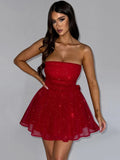 Amozae-hoco dresses -A Mesh Strapless Sparkle Sexy Mini Dress For Women Fashion Backless Bow Pleated Dresses Femme Club Party Dress Elegant