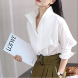 Amozae-7-point Sleeve Shirt Women Versatile Early Autumn Bat Loose Stand Collar White Shirt Base Layer Elegant Top