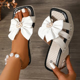 Amozae-Fashion Big Bowknot Chunky Platform Sandals Women Pearl Flower Wedge Heel Slippers Woman Summer Square Toe Thick Bottom Slides
