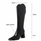 Amozae- New Winter Knee-High Boots for Women Square Toe Knight Boots Split Leather Women Boots High Heels Concise Boots De Mujer