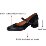 Amozae-Genuine Leather Mary Jane Women's Shoes Fashion Retro Buckle Shallow Pumps Square Toe Thick Heel Handmade Shoes Woman Size 34-40