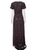 Amozae-Woman Clothing 2024 V-neck Short Sleeve Tunics High Slit Long Maxi Dress Streetwear Female Printed Holiday Beach Dresses Black
