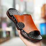 Amozae-Summer Men Slippers Genuine Leather Breathable Clogs Sandals Beach Classics Leather Slides Outdoor Flip Flops Plus Size Men Shoe