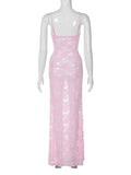 Amozae-2024 Sexy Pink Lace Dress Women's Elegant Sleeveless See Through Backless Slim Long Maxi Evening Party Slip Dresses Streetwear