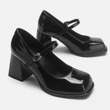 Amozae-New Chunky Mary Jane Heels Pumps Fashion Vintage Patent Leather High Heels Female Square-toed Black Lolita Platform Shoes Womens