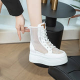 Amozae-Top quality 8.5cm Mesh Breathable Motorcycle Ankle Boots Patent Leather Shoes Ladies Hollow Boots Woman Fashion Sandals Summer