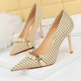 BIGTREE 2024 Spring Women Pumps Pearl Metal Chain High-heels Checked Grain Stilettos Heels Luxury Banquet Shoes 43