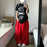 Amozae-Pants High Quality Contrast Color Stitching Drawstring Thin Y2k Women Korean Harajuku Sweatpant Red Blue Loose Wide Leg Trousers