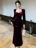 Amozae-Christmas Outfit New Year's Eve Dress party look inspos Elegant Velvet Mermaid Dress French Hepburn Style Bodycon Evening Party Prom Womens Dresses Autumn Female Slim Waist Vestidos