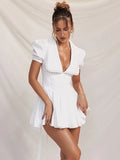 Amozae-hoco dresses Suninheart Summer White Puff Sleeve Dress Mini A Line Dollar Collar Party Holiday Dress Casual Short Sleeve Women's Dress 2024