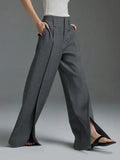 Amozae-Autumn Suit Pants Grey Trousers Loose High Waisted Korean Fashion Split-Front Pleated Wide Leg Classics Pants For Office Lady