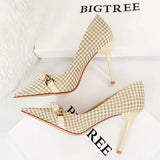 BIGTREE 2024 Spring Women Pumps Pearl Metal Chain High-heels Checked Grain Stilettos Heels Luxury Banquet Shoes 43