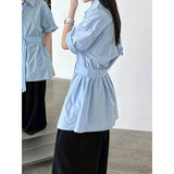 Amozae-Spring Summer Casual Outfits Belt Shirt Dress Women's Summer Buckle Strap Waist Short Sleeved Top