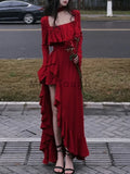 Amozae-new years eve outfits Christmas party outfits Autumn Red Vintage Elegant Dress Women Flare Sleeve Designer Sweet Long Dress Female Ruffles Retro Princess Irregular Dress 2024