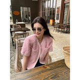 Amozae-Spring Summer Casual Outfits Pink Yello Short Sleeve Tweed Jacket With Dual Pocket For Summer Spring