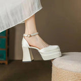 Amozae-2025 Women'S High Chunky Platform Closed Toe Block Heels Square Toe Ankle Strap Dress Wedding Party Prom Pumps Shoes