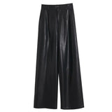 Amozae-Vintage High-End FeelPU Leather Straight-Leg Pants For Women  New Bell Bottoms Draped Slimming Casual Trousers