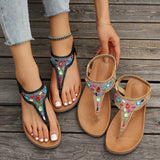 Amozae-Beaded Decor Bohemian Flat Sandals for Women Summer 2025 Elastic Band Clip Toe Rome Sandals Woman Soft Sole Non Slip Beach Shoes