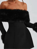 Amozae-new years eve outfits Christmas party outfits Women Black Fluffy Faux Fur Backless Mini Dress Fashion Strapless High A-neck Slim Dresses 2024 New Lady Party Gown Vestidos