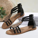 Amozae-Ankle Strap Braided Roman Sandals for Women 2025 Summer Shiny Crystal Flat Sandals Woman Comfortable Soft Non Slip Beach Shoes
