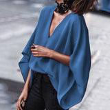 Amozae-Women Fashion Casual Solid Color Deep V-Neck Blouses 2024 New Spring Summer Batwing Sleeves Loose Shirts Tops