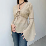 Amozae Elegant Beige Women Top Cotton V Neck Flare Sleeve Loose Fit Aesthetic Tee Shirt Vintage Chic Back Lace Up Pullovers