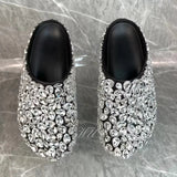 Amozae-Silver Big Diamond Round Toe Flat Slipper Women Bling Cover Mules Black Leather Sole Fashion Crystal Glitter Fashion Casual Shoe