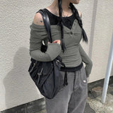 Amozae-Fall Outfits Streetwear y2k 90s Fashion Gothic  2000s Fake Two Pieces T-Shirts Y2k Autumn Long Sleeves T Shirt Women Patchwork Cut Shoulder Out Tees Harajuku Crop Top