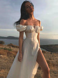 Amozae Elegant Off The Shoulder White Midi Dress Sexy High Split Short Sleeve Party Holiday Dress Summer Dresses Women 2023