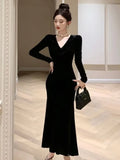 Amozae-Christmas Outfit New Year's Eve Dress party look inspos Elegant Velvet Evening Dresses Autumn Winter V-Neck Bodycon Mermaid Party Long Dress Solid Slim Waist Vestidos Women Clothing