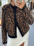 Amozae Female Leopard Cardigan Sweater Fashion Printed Contrast Loose Long Sleeve Commute Cropped Coat Women's Autumn Cardigan