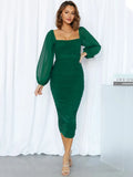 Amozae-A Elegant Long Sleeve Backless Midi Dress Women Autumn New Two Layer Mesh Square Collar Bodycon Club Party Sexy Dress