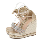 Amozae Crystal Narrow Band Open Toe Casual Wedge Sandals Women Fashion Cross Ankle Strap Platform High Heels Female Summer Shoes